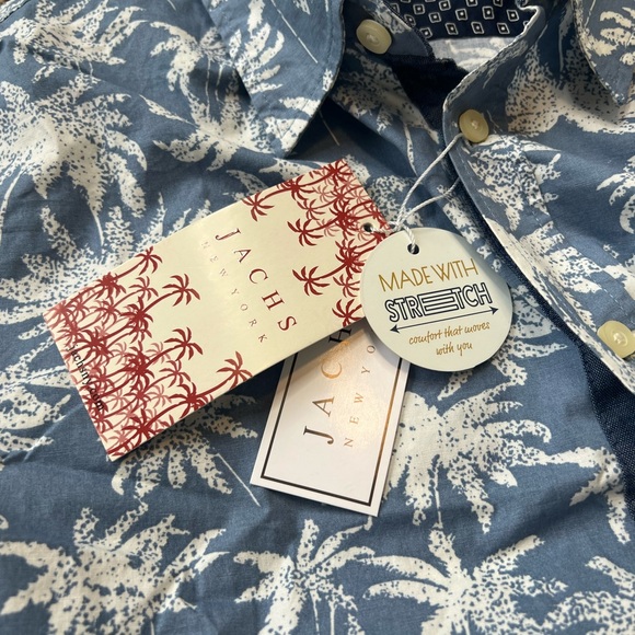 Jachs Blue White Tropical Palm Print Stretch Short Sleeve Button Up Shirt NEW M - Picture 12 of 14